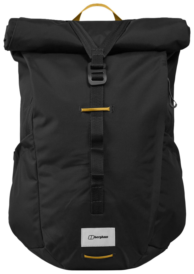 Explorer roll-top commuter pack in black with yellow trim