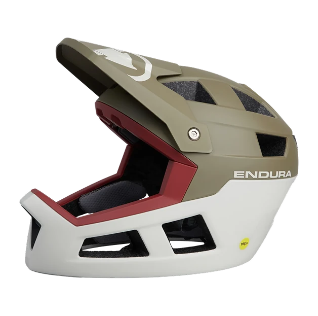 SingleTrack Full Face Mips® helmet in olive, white and brick red, three-quarter view
